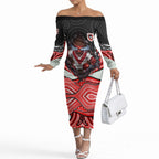 St George Illawarra Dragons Off The Shoulder Long Sleeve Dress The Scream of Lightning Eyes - Indigenous Dot Ripping Effect