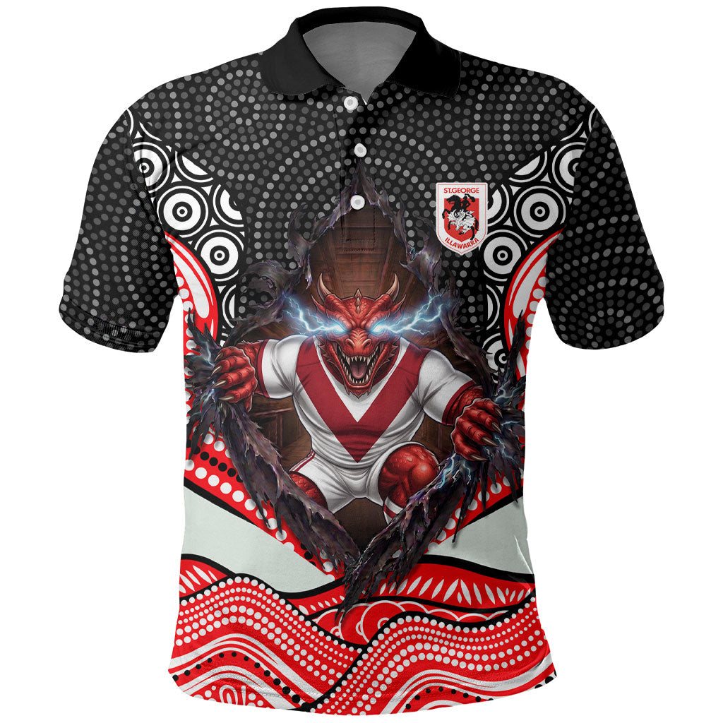 St George Illawarra Dragons Polo Shirt The Scream of Lightning Eyes - Indigenous Dot Ripping Effect