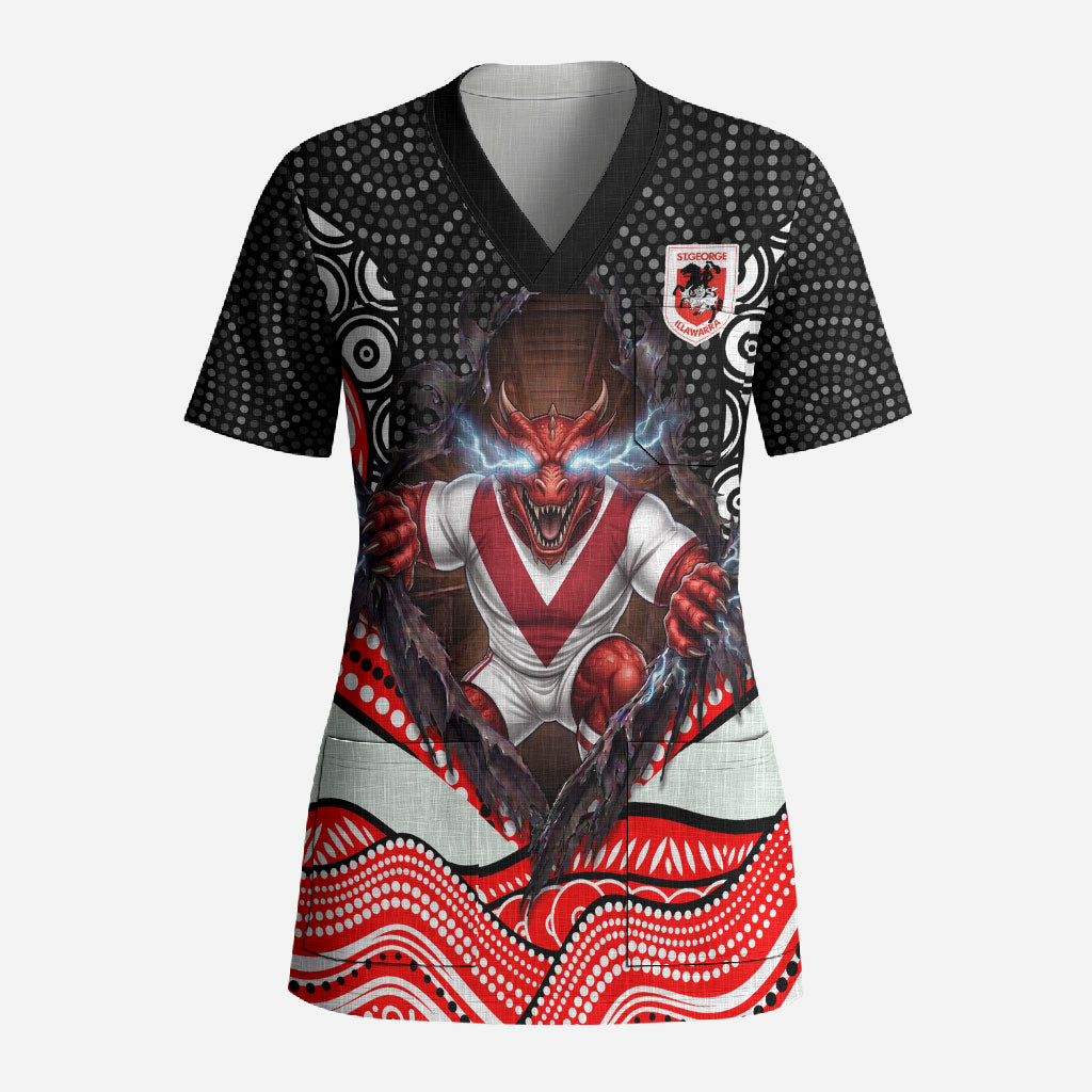 St George Illawarra Dragons Scrub Top The Scream of Lightning Eyes - Indigenous Dot Ripping Effect