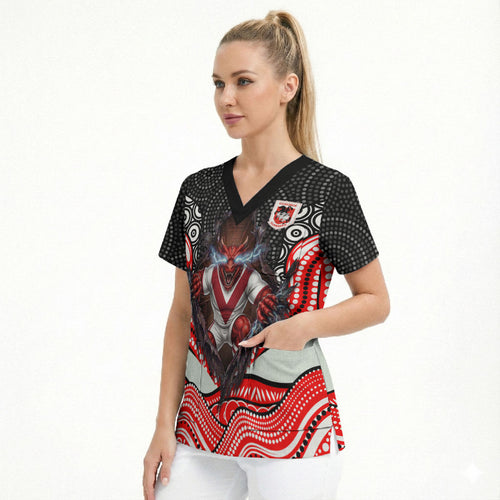 St George Illawarra Dragons Scrub Top The Scream of Lightning Eyes - Indigenous Dot Ripping Effect
