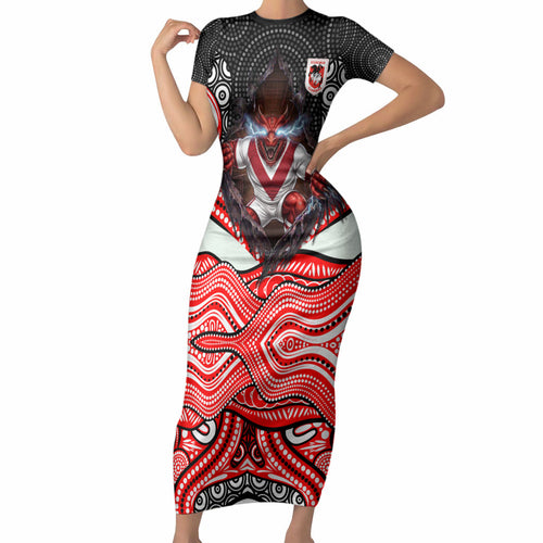 St George Illawarra Dragons Short Sleeve Bodycon Dress The Scream of Lightning Eyes - Indigenous Dot Ripping Effect