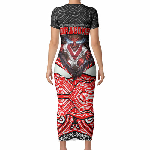 St George Illawarra Dragons Short Sleeve Bodycon Dress The Scream of Lightning Eyes - Indigenous Dot Ripping Effect