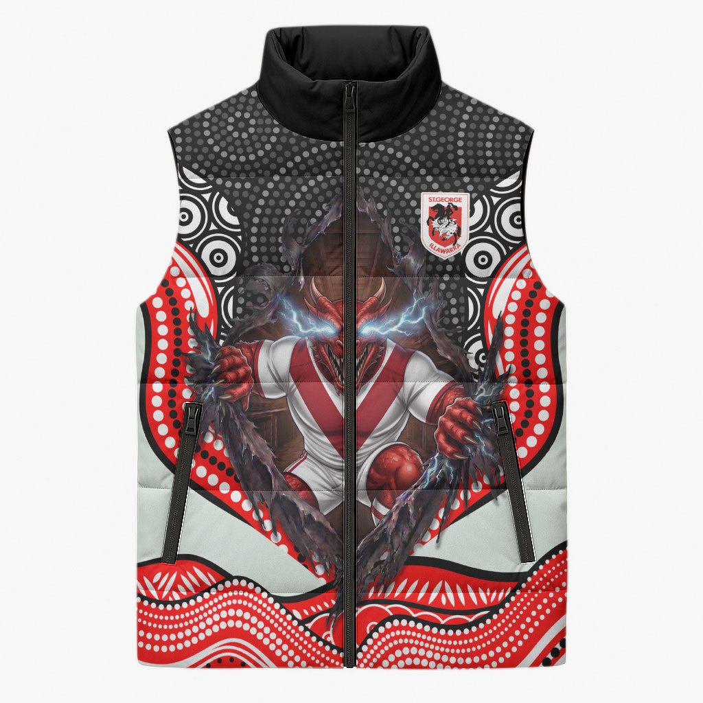 St George Illawarra Dragons Sleeveless Puffer Jacket The Scream of Lightning Eyes - Indigenous Dot Ripping Effect
