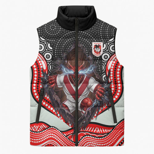 St George Illawarra Dragons Sleeveless Puffer Jacket The Scream of Lightning Eyes - Indigenous Dot Ripping Effect