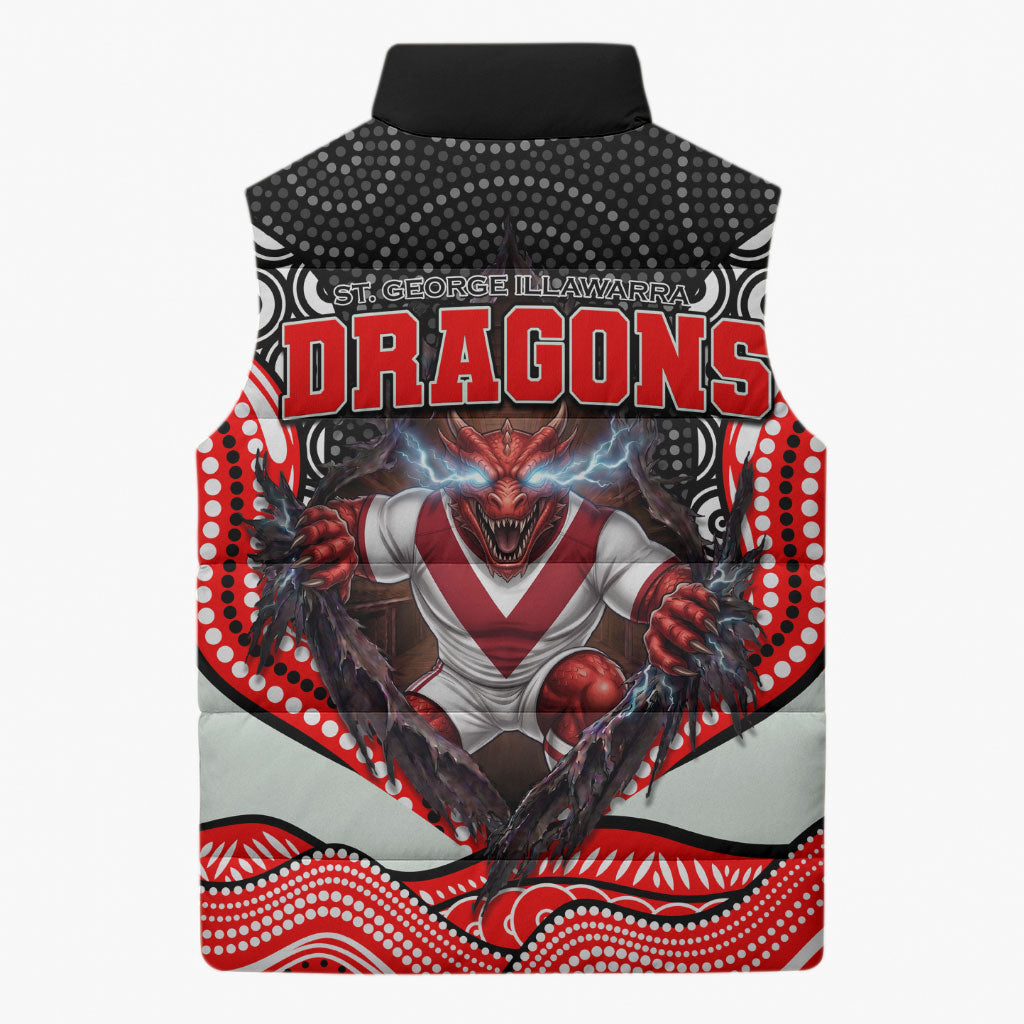 St George Illawarra Dragons Sleeveless Puffer Jacket The Scream of Lightning Eyes - Indigenous Dot Ripping Effect