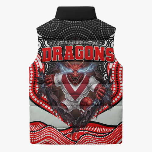 St George Illawarra Dragons Sleeveless Puffer Jacket The Scream of Lightning Eyes - Indigenous Dot Ripping Effect
