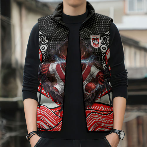 St George Illawarra Dragons Sleeveless Puffer Jacket The Scream of Lightning Eyes - Indigenous Dot Ripping Effect