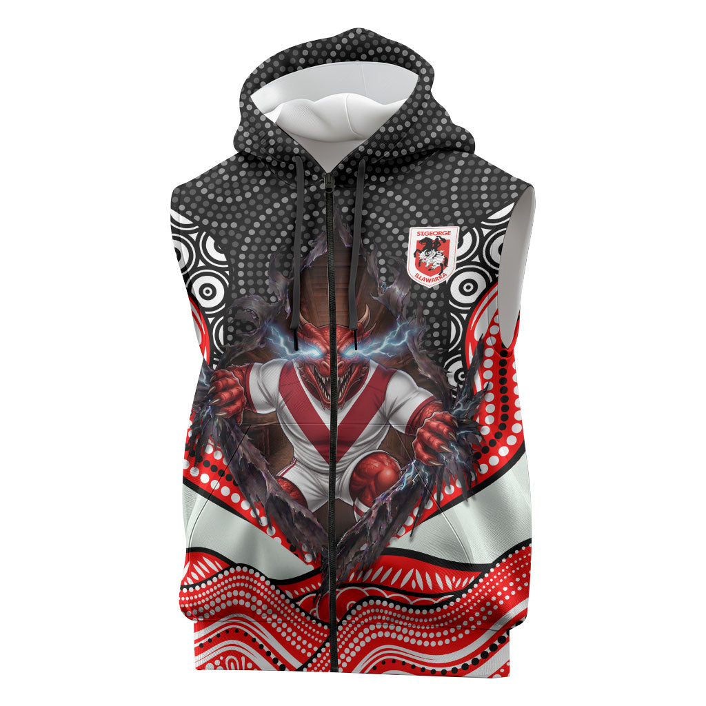 St George Illawarra Dragons Sleeveless Zip Hoodie The Scream of Lightning Eyes - Indigenous Dot Ripping Effect