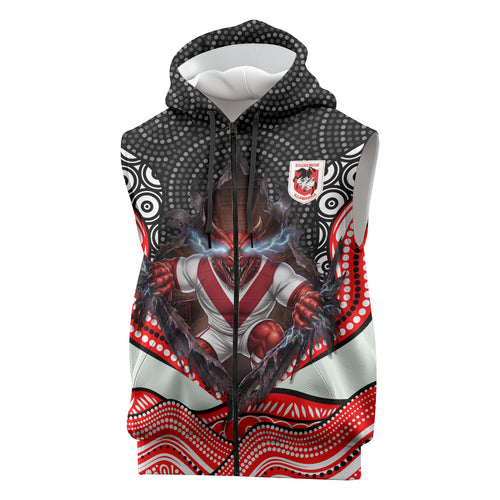 St George Illawarra Dragons Sleeveless Zip Hoodie The Scream of Lightning Eyes - Indigenous Dot Ripping Effect