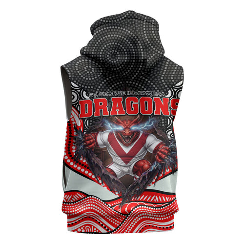 St George Illawarra Dragons Sleeveless Zip Hoodie The Scream of Lightning Eyes - Indigenous Dot Ripping Effect