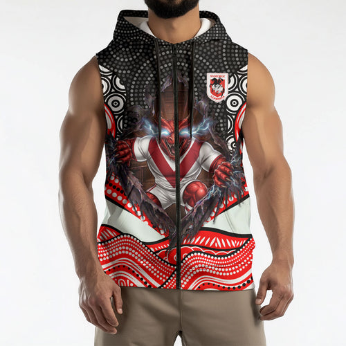 St George Illawarra Dragons Sleeveless Zip Hoodie The Scream of Lightning Eyes - Indigenous Dot Ripping Effect