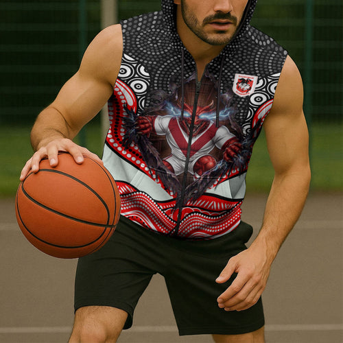 St George Illawarra Dragons Sleeveless Zip Hoodie The Scream of Lightning Eyes - Indigenous Dot Ripping Effect