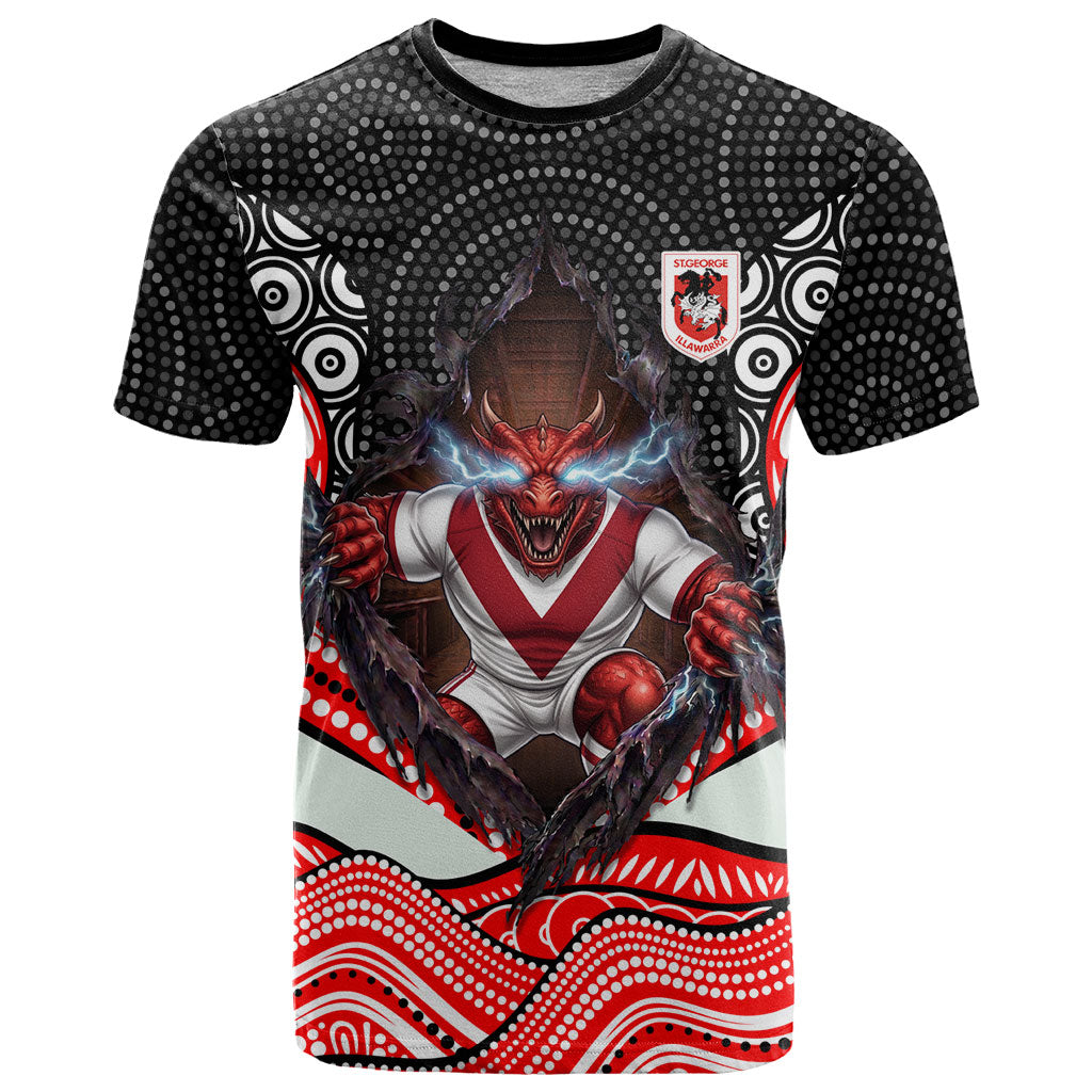 St George Illawarra Dragons T Shirt The Scream of Lightning Eyes - Indigenous Dot Ripping Effect