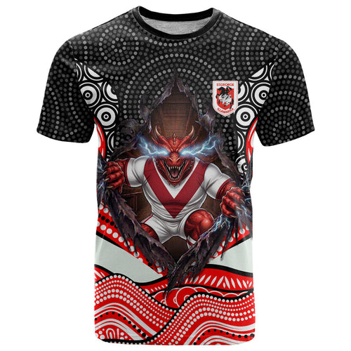 St George Illawarra Dragons T Shirt The Scream of Lightning Eyes - Indigenous Dot Ripping Effect