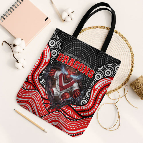 St George Illawarra Dragons Tote Bag The Scream of Lightning Eyes - Indigenous Dot Ripping Effect