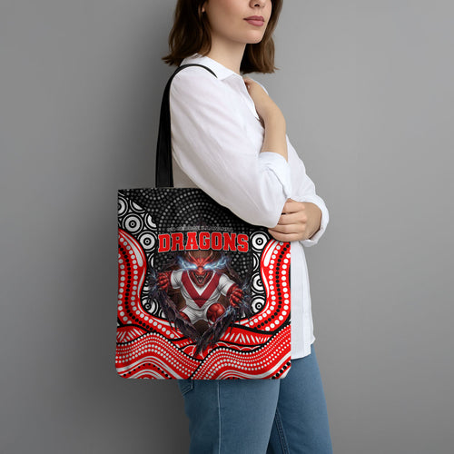 St George Illawarra Dragons Tote Bag The Scream of Lightning Eyes - Indigenous Dot Ripping Effect
