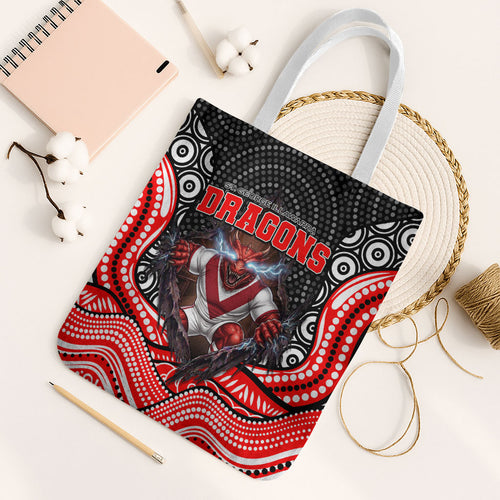 St George Illawarra Dragons Tote Bag The Scream of Lightning Eyes - Indigenous Dot Ripping Effect