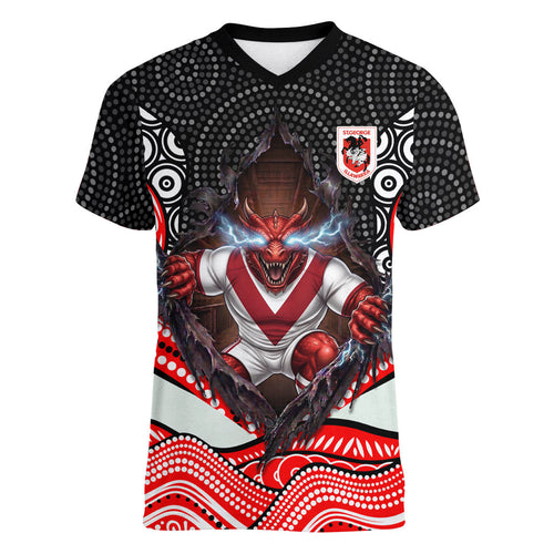 St George Illawarra Dragons Women V-Neck T-Shirt The Scream of Lightning Eyes - Indigenous Dot Ripping Effect