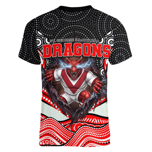 St George Illawarra Dragons Women V-Neck T-Shirt The Scream of Lightning Eyes - Indigenous Dot Ripping Effect