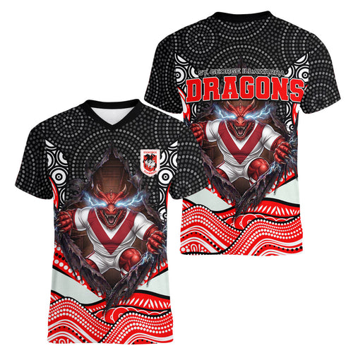 St George Illawarra Dragons Women V-Neck T-Shirt The Scream of Lightning Eyes - Indigenous Dot Ripping Effect