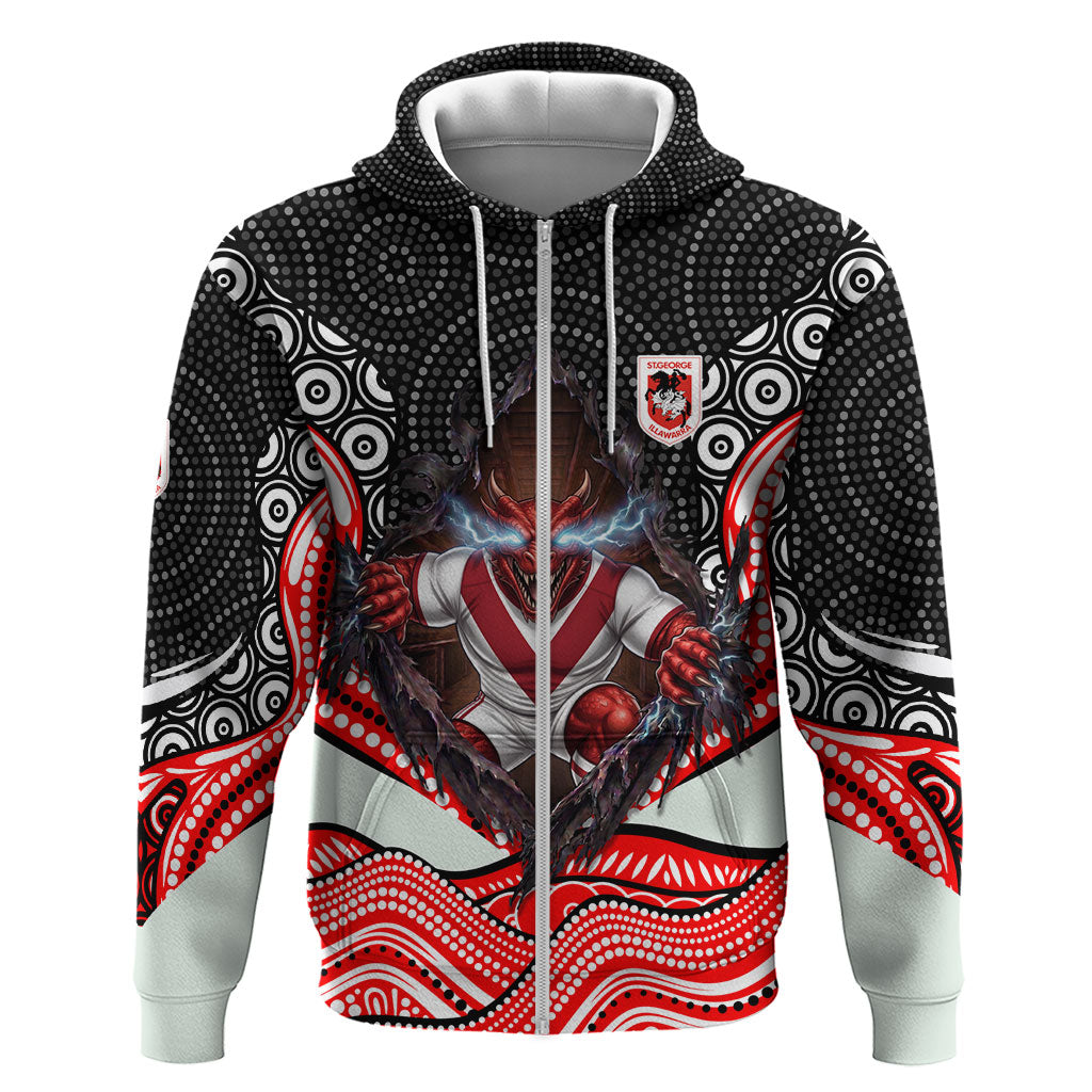 St George Illawarra Dragons Zip Hoodie The Scream of Lightning Eyes - Indigenous Dot Ripping Effect