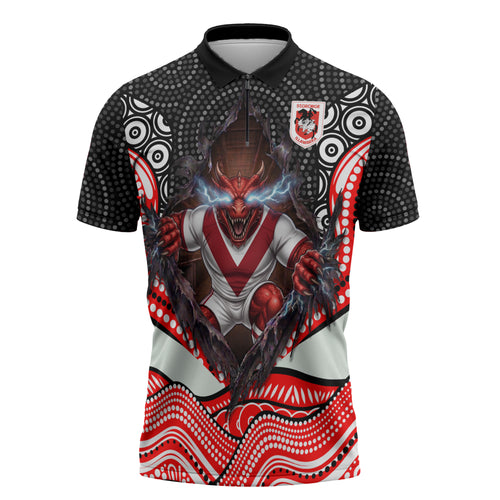 St George Illawarra Dragons Zipper Polo Shirt The Scream of Lightning Eyes - Indigenous Dot Ripping Effect