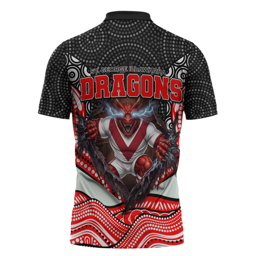 St George Illawarra Dragons Zipper Polo Shirt The Scream of Lightning Eyes - Indigenous Dot Ripping Effect