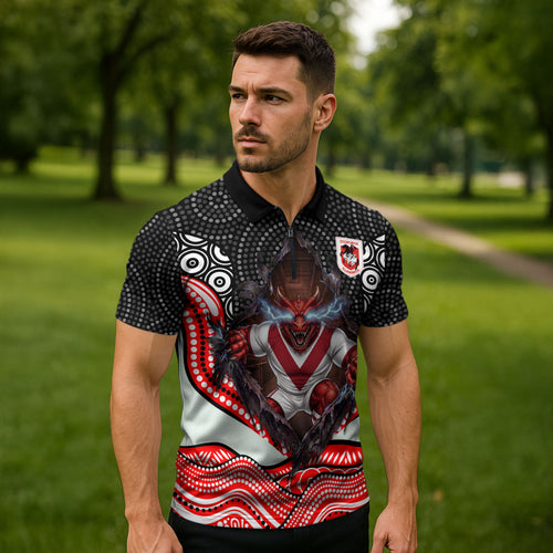 St George Illawarra Dragons Zipper Polo Shirt The Scream of Lightning Eyes - Indigenous Dot Ripping Effect