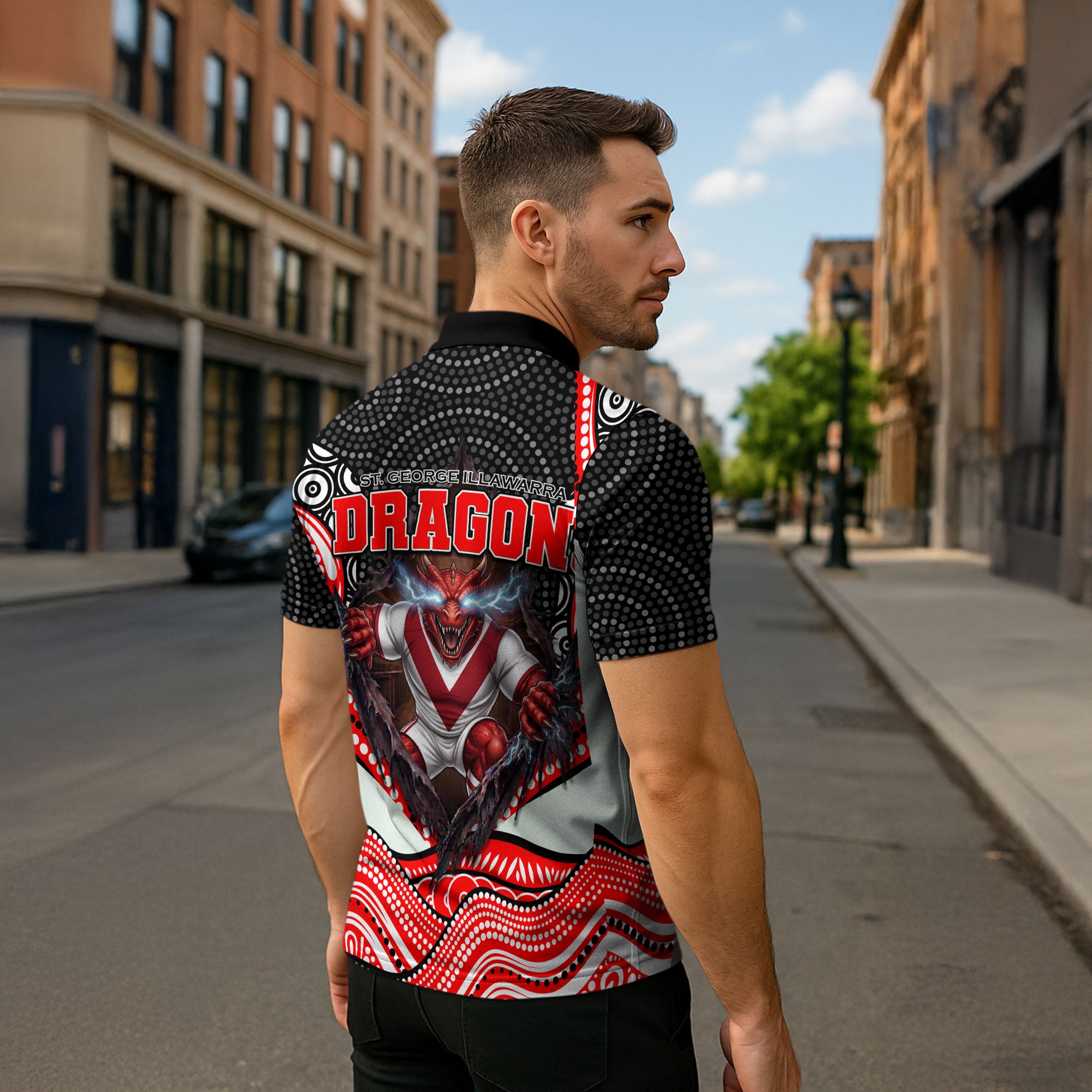 St George Illawarra Dragons Zipper Polo Shirt The Scream of Lightning Eyes - Indigenous Dot Ripping Effect