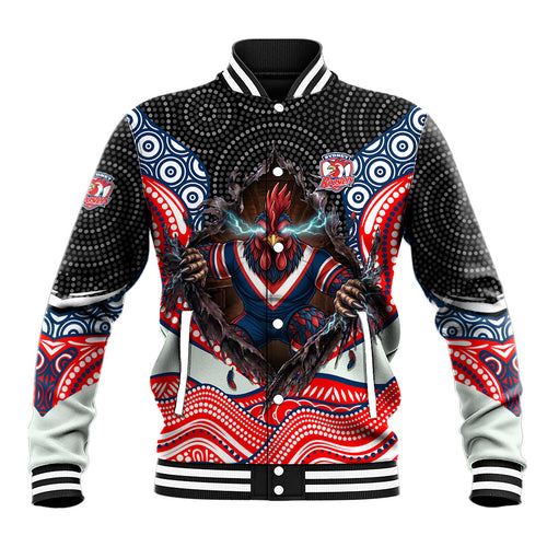 Sydney Roosters Baseball Jacket The Scream of Lightning Eyes - Indigenous Dot Ripping Effect