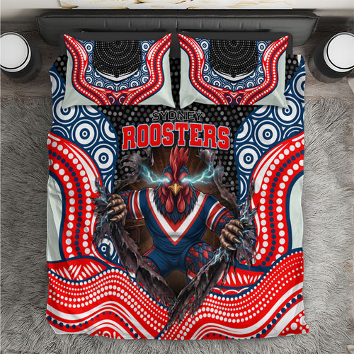Sydney Roosters Bedding Set The Scream of Lightning Eyes - Indigenous Dot Ripping Effect
