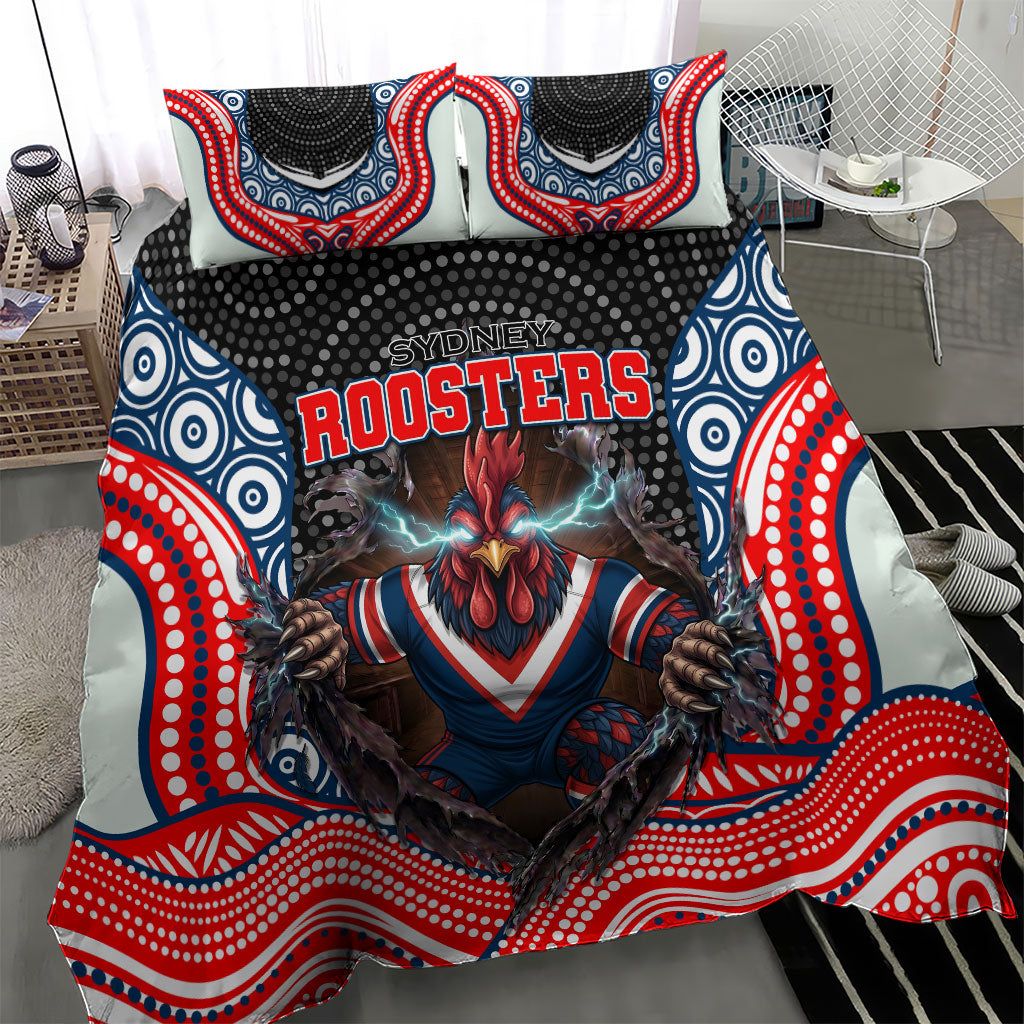 Sydney Roosters Bedding Set The Scream of Lightning Eyes - Indigenous Dot Ripping Effect