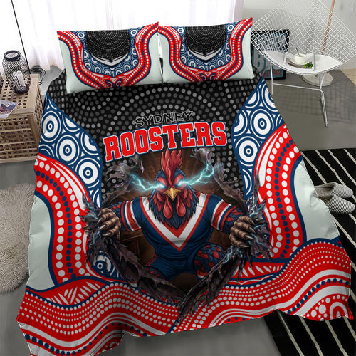 Sydney Roosters Bedding Set The Scream of Lightning Eyes - Indigenous Dot Ripping Effect