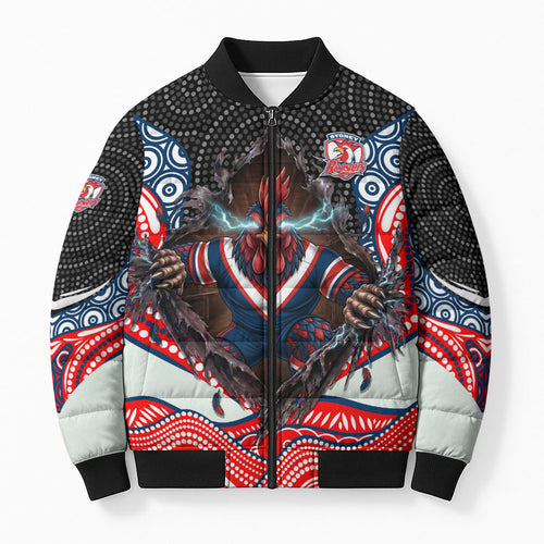 Sydney Roosters Bomber Puffer Jacket The Scream of Lightning Eyes - Indigenous Dot Ripping Effect