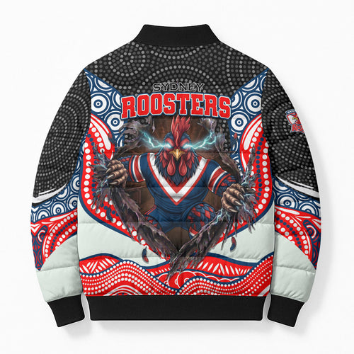 Sydney Roosters Bomber Puffer Jacket The Scream of Lightning Eyes - Indigenous Dot Ripping Effect