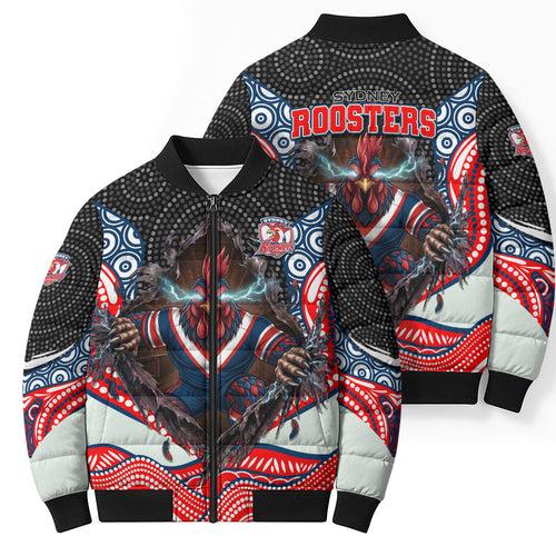 Sydney Roosters Bomber Puffer Jacket The Scream of Lightning Eyes - Indigenous Dot Ripping Effect