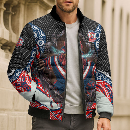 Sydney Roosters Bomber Puffer Jacket The Scream of Lightning Eyes - Indigenous Dot Ripping Effect
