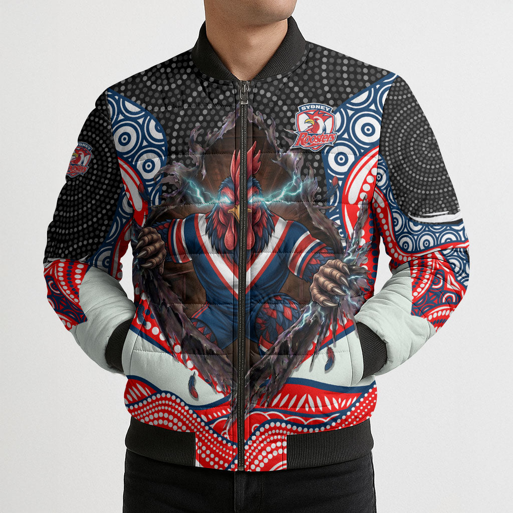 Sydney Roosters Bomber Puffer Jacket The Scream of Lightning Eyes - Indigenous Dot Ripping Effect