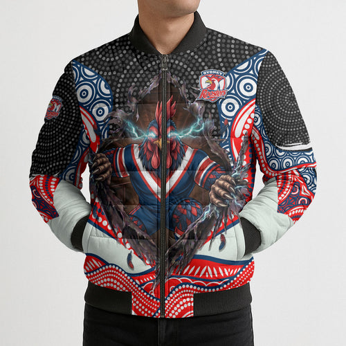 Sydney Roosters Bomber Puffer Jacket The Scream of Lightning Eyes - Indigenous Dot Ripping Effect