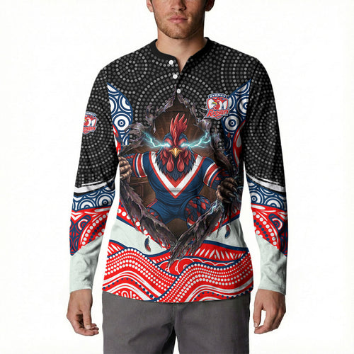 Sydney Roosters Button Sweatshirt The Scream of Lightning Eyes - Indigenous Dot Ripping Effect