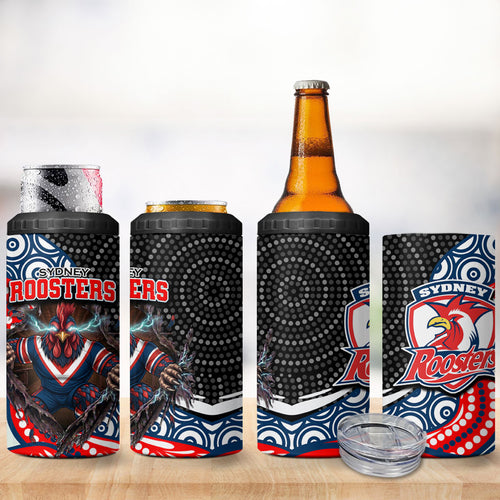 Sydney Roosters 4 in 1 Can Cooler Tumbler The Scream of Lightning Eyes - Indigenous Dot Ripping Effect