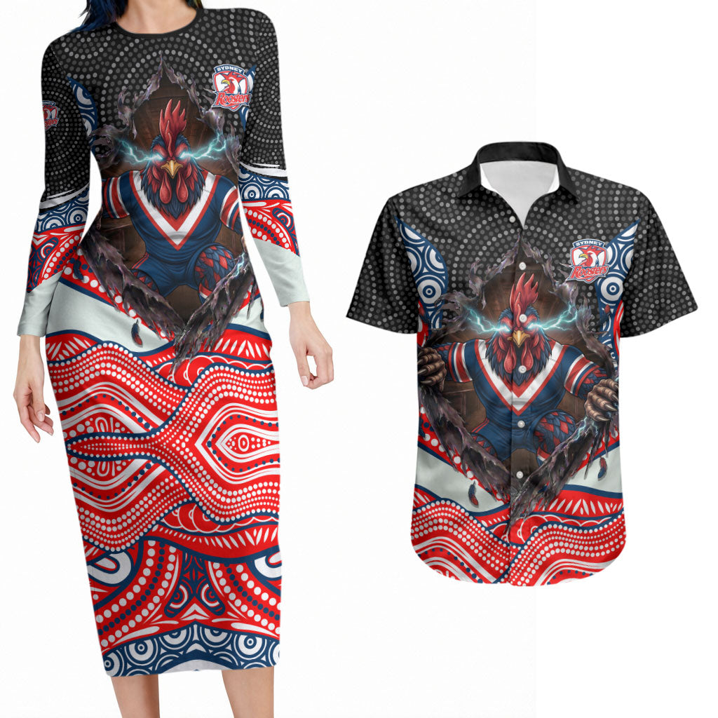 Sydney Roosters Couples Matching Long Sleeve Bodycon Dress and Hawaiian Shirt The Scream of Lightning Eyes - Indigenous Dot Ripping Effect