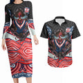 Sydney Roosters Couples Matching Long Sleeve Bodycon Dress and Hawaiian Shirt The Scream of Lightning Eyes - Indigenous Dot Ripping Effect