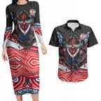Sydney Roosters Couples Matching Long Sleeve Bodycon Dress and Hawaiian Shirt The Scream of Lightning Eyes - Indigenous Dot Ripping Effect