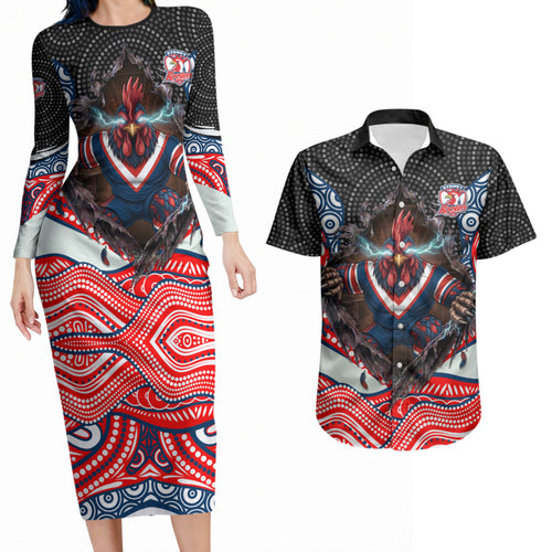 Sydney Roosters Couples Matching Long Sleeve Bodycon Dress and Hawaiian Shirt The Scream of Lightning Eyes - Indigenous Dot Ripping Effect