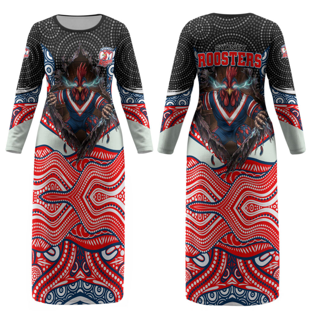 Sydney Roosters Couples Matching Long Sleeve Bodycon Dress and Hawaiian Shirt The Scream of Lightning Eyes - Indigenous Dot Ripping Effect