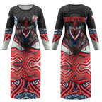 Sydney Roosters Couples Matching Long Sleeve Bodycon Dress and Hawaiian Shirt The Scream of Lightning Eyes - Indigenous Dot Ripping Effect