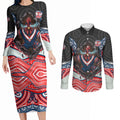 Sydney Roosters Couples Matching Long Sleeve Bodycon Dress and Long Sleeve Button Shirt The Scream of Lightning Eyes - Indigenous Dot Ripping Effect