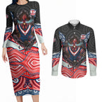 Sydney Roosters Couples Matching Long Sleeve Bodycon Dress and Long Sleeve Button Shirt The Scream of Lightning Eyes - Indigenous Dot Ripping Effect