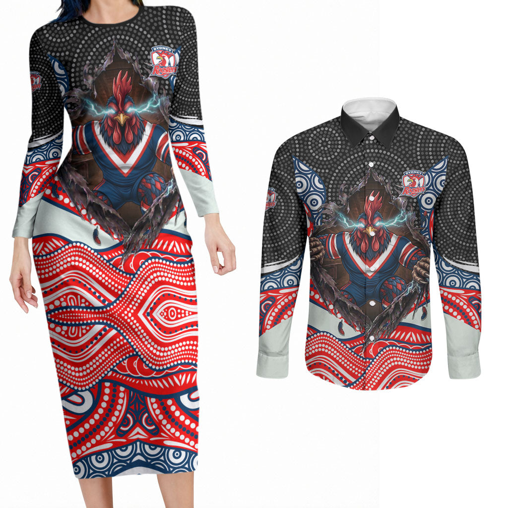 Sydney Roosters Couples Matching Long Sleeve Bodycon Dress and Long Sleeve Button Shirt The Scream of Lightning Eyes - Indigenous Dot Ripping Effect